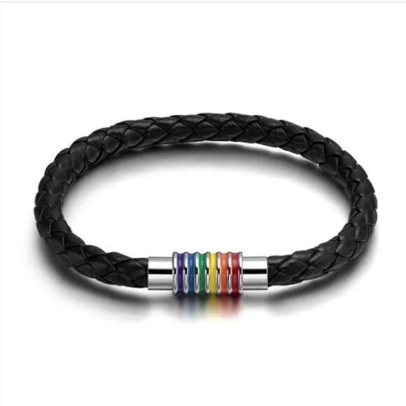 Rainbow Pride Magnetic Bracelet Black Leather Sizes 7, 7.5, 8, 9, and 10 - Picture 2 of 2